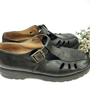 90s Roots Black Leather Mary Jane T-strap Cut-out Shoe RARE